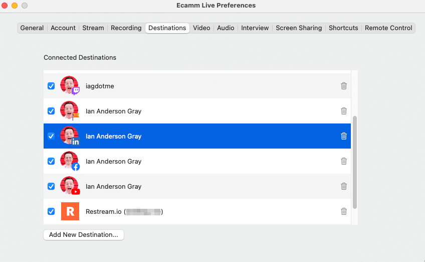 Ecamm Live Preferences - Multistreaming Destinations