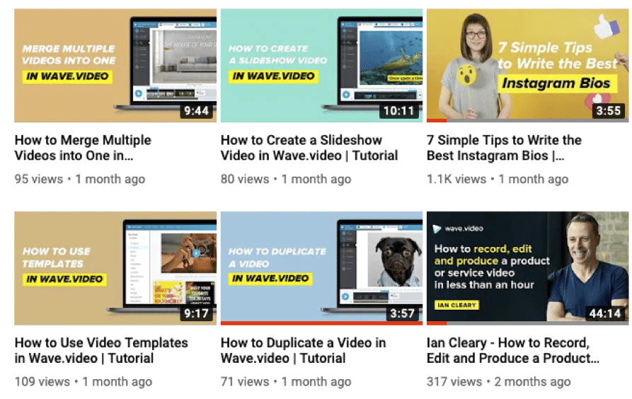 Examples of video thumbnails from the Wave.video YouTube channel