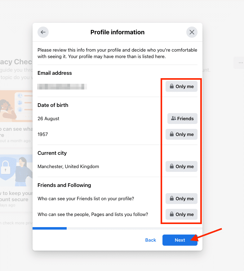 Facebook profile information - review to make secure