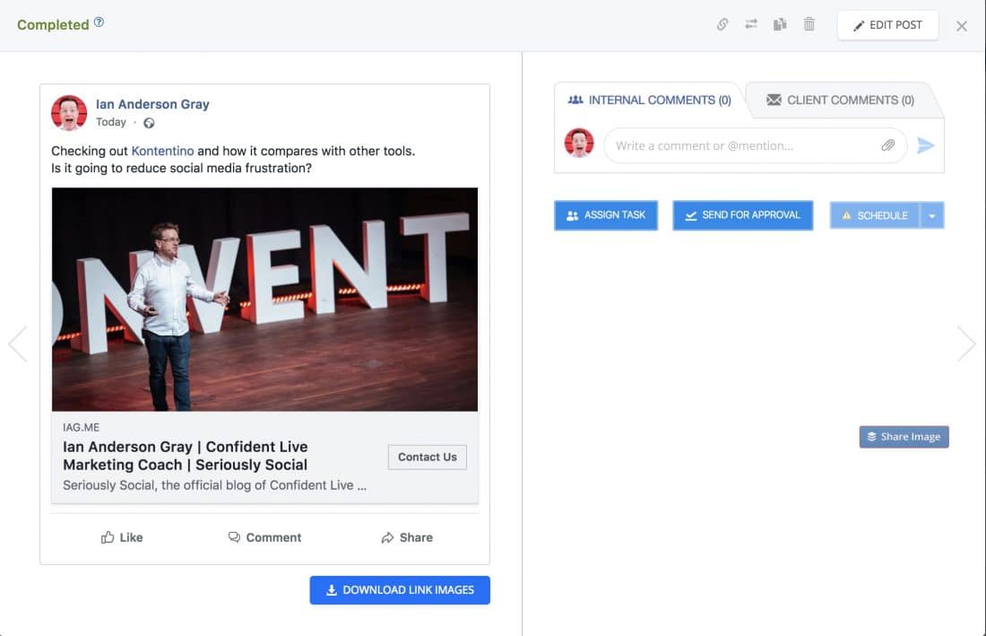Previewing a Facebook post with a call to action in Kontentino