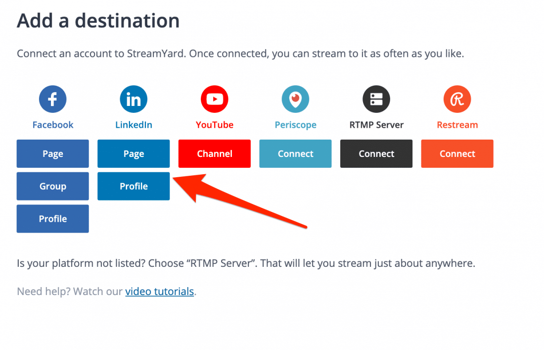 StreamYard Live Video Destinations