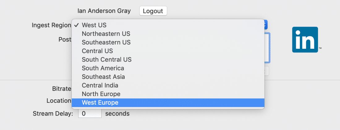 Ingest Region for LinkedIn in Wirecast