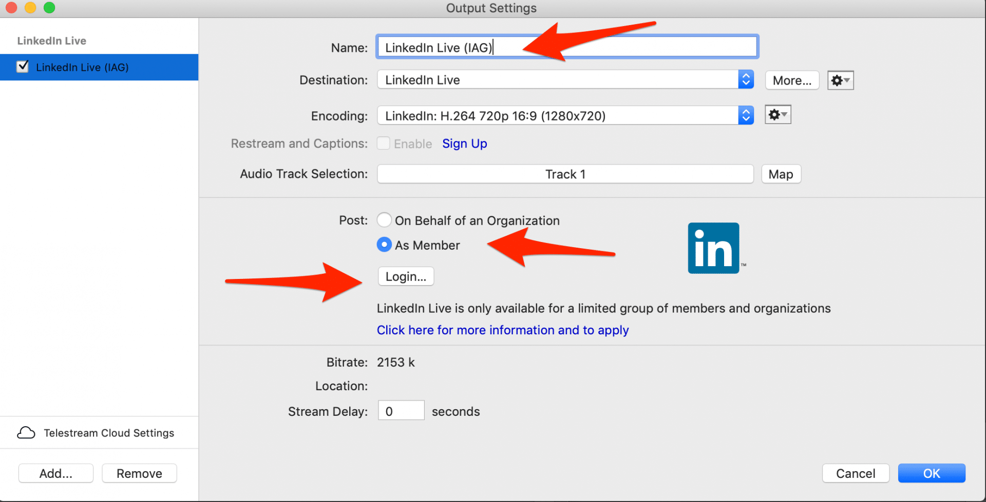 LinkedIn Live Settings in Wirecast