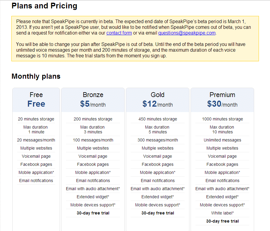 SpeakPipe Plans