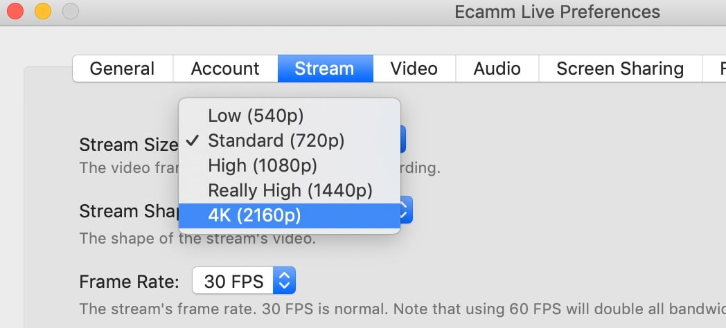 Setting screen resolution in Ecamm Live